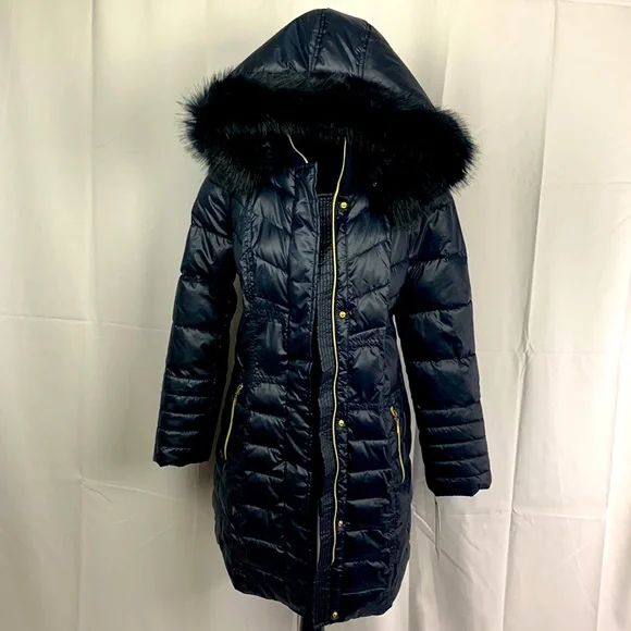Kensie Quilted Faux Fur Hoodie Puffer Jacket Size Medium NWT Navy - Picture 2 of 12